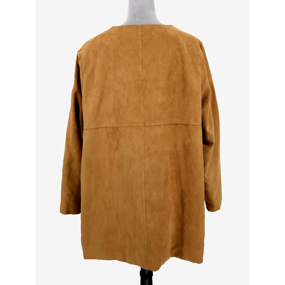 Susan Graver Jacket Plus Size 1X Camel Beige Faux Suede Lined Long Blazer Pocket - Picture 2 of 14